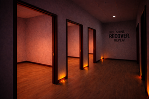 Dark room with open doors leading to other rooms, illuminated by warm light, with motivational quote on wall.