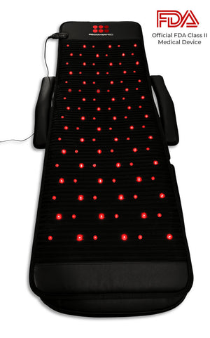 Black PEMF mat with red LED lights on a white background, featuring FDA certification.
