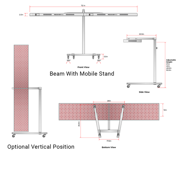 Diagram and measurements of red light light therapy device with stand.