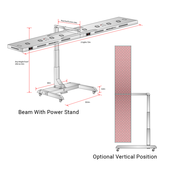 Measurements and diagram of red light light therapy device with power adjusting stand.
